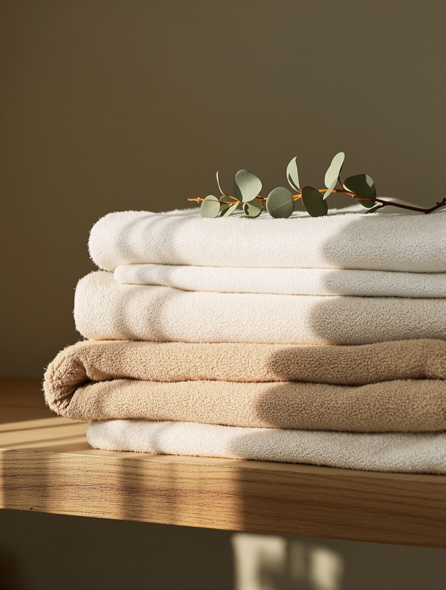 Une pile de linge de soin plié sur une étagère en bois